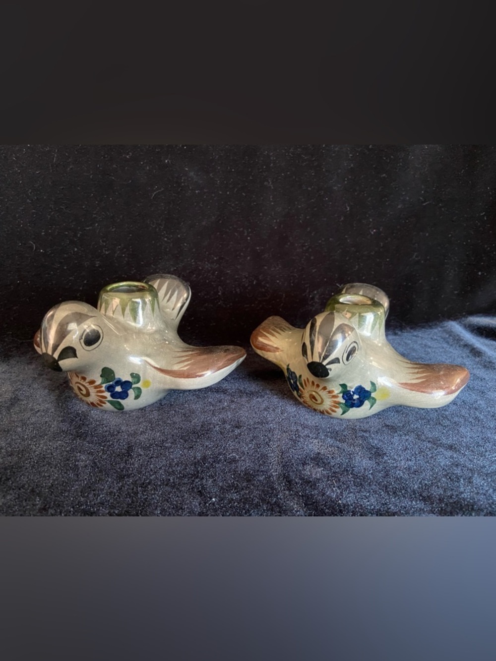 Set of 2 TONALA Grey Folk Art Floral Mexico Bird Dove Candle Holders Signed